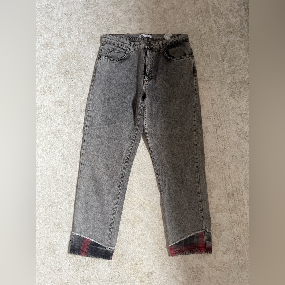 Gray Denim Jeans with Plaid Cuffs